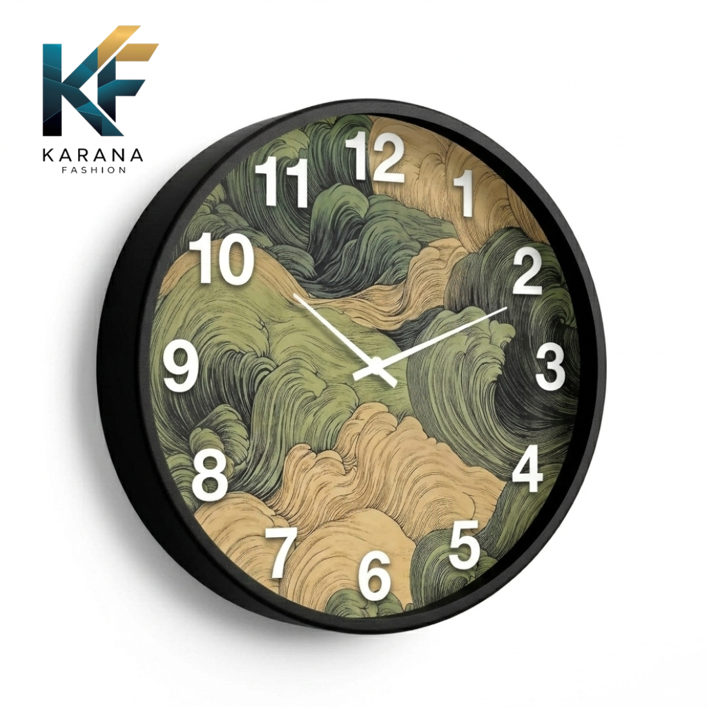 Picture of Karana Fashion (KW22) 12-Inch Vintage Oriental Waves Wall Clock - Abstract Japanese Art Style Home Décor - Black