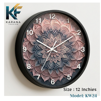 Picture of Karana Fashion (KW24) 12-Inch 3D Mandala Art Wall Clock - Elegant Dusty Rose & Slate Grey Geometric Décor - Black