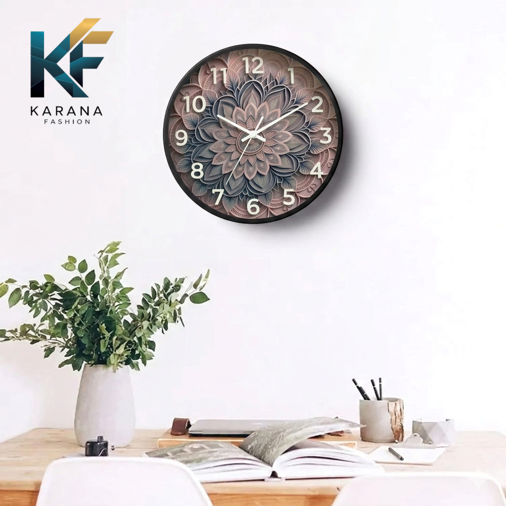 Picture of Karana Fashion (KW24) 12-Inch 3D Mandala Art Wall Clock - Elegant Dusty Rose & Slate Grey Geometric Décor - Black
