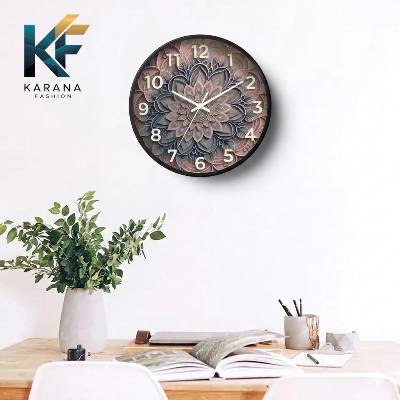 Picture of Karana Fashion (KW24) 12-Inch 3D Mandala Art Wall Clock - Elegant Dusty Rose & Slate Grey Geometric Décor - Black