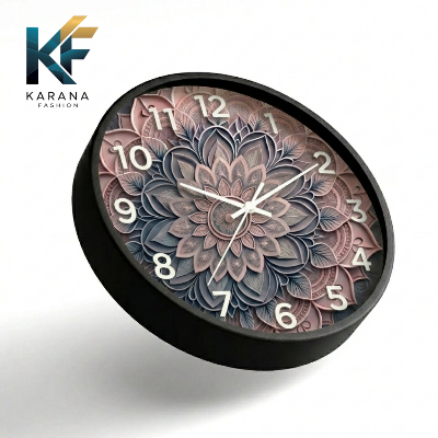 Picture of Karana Fashion (KW24) 12-Inch 3D Mandala Art Wall Clock - Elegant Dusty Rose & Slate Grey Geometric Décor - Black