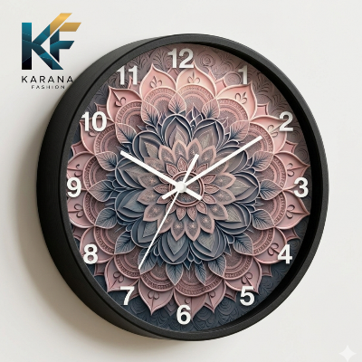 Picture of Karana Fashion (KW24) 12-Inch 3D Mandala Art Wall Clock - Elegant Dusty Rose & Slate Grey Geometric Décor - Black