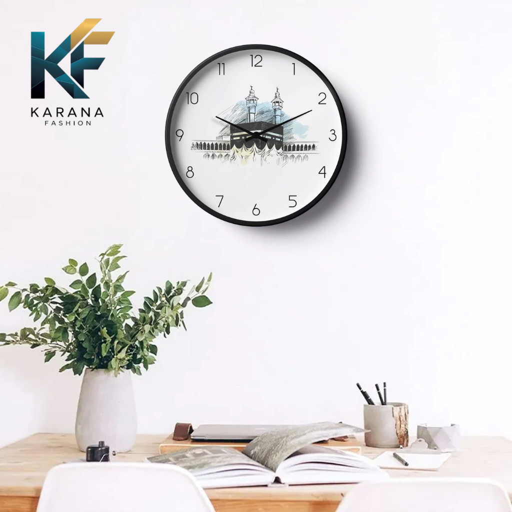 Picture of Karana Fashion (KW16) 12-Inch Holy Kaaba Sketch Wall Clock - Elegant Islamic Spiritual Décor - Black