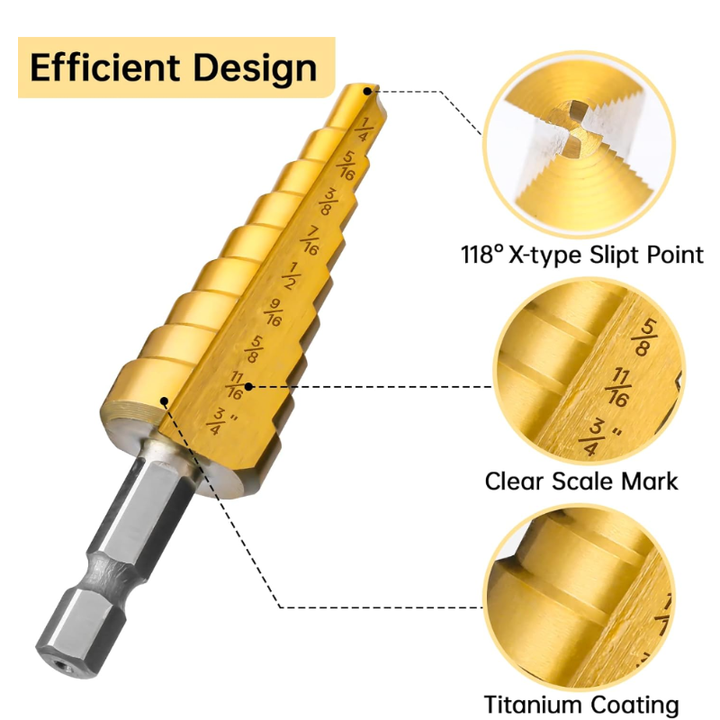 Picture of High Speed Steel Titanium Coated Step Drill Bits 3Pcs Titanium Step Drill Bit Set for Plastic Wood-GND-X1000256 (Gold)