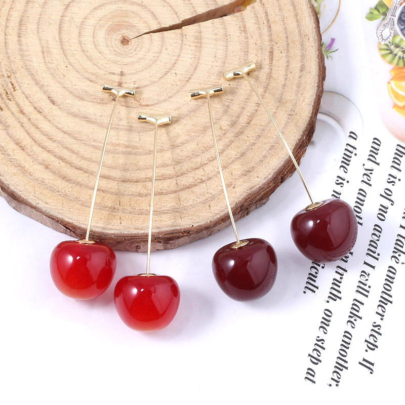 Picture of 1 Pair Cute Simulation Red Cherry Gold Color Fruit Stud Earrings Women Girl Gift Simple Drop Female Fashion Jewelry Accessories(Red)