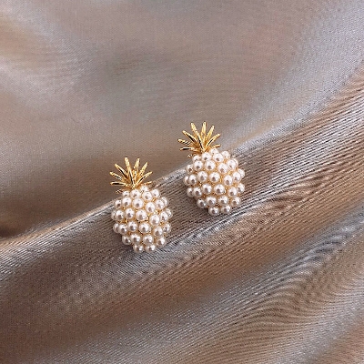 Picture of Fashion Fruit Pineapple Pearl Stud Earrings Zircon Jewelry Pearl Stud Cute Earrings Women Earrings(Gold)