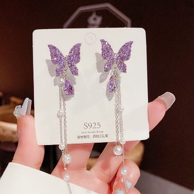 Picture of 1 Pair Fashion Women Korean Style Purple butterfly Pearl Drop Long Tassel Earring Women Zircon butterfly Long Chain Pearl Drop Earring(Purple)
