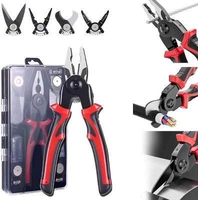 Picture of EAFIXS 5 Head Plier 5-In-1 Multifunctional Wire Stripper, Combination Interchangeable Pliers Kit, Wire Stripper, Wire Crimping Tool, Linesman Pliers, Cable Cutter, Electricians Scissor with Storage Case (Black)