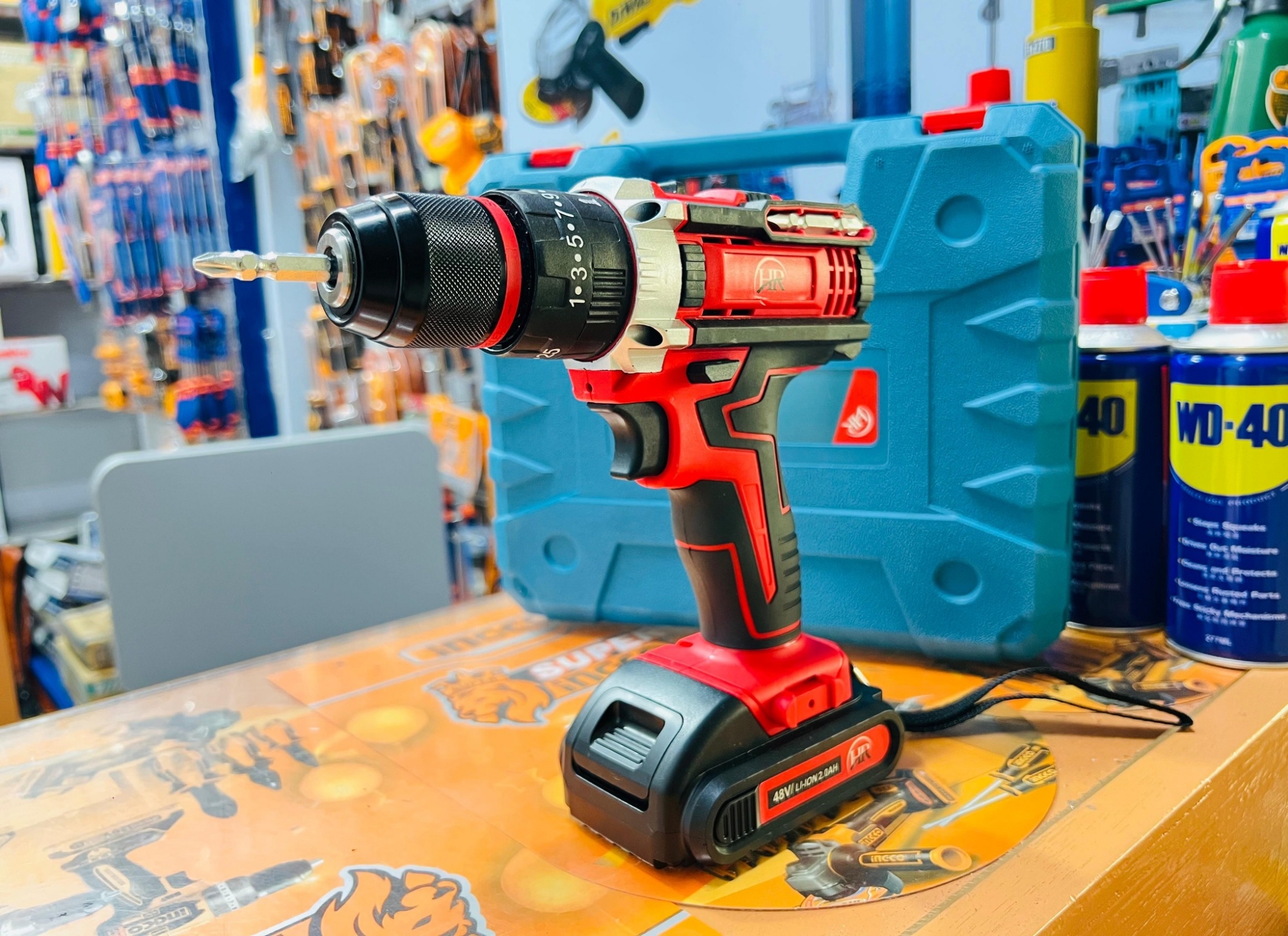 Picture of 🔩 HR Cordless Drill Machine Set – 48V Power, Double Battery, 25pcs Full Set 🔋 (Red)