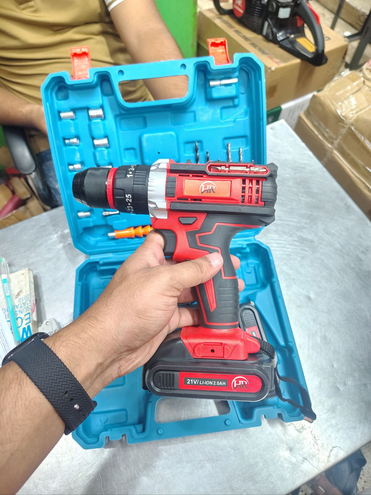 Picture of ⚡ HR Cordless Drill Machine Set – 25pcs with 21V Double Battery & Screwgun (Red)