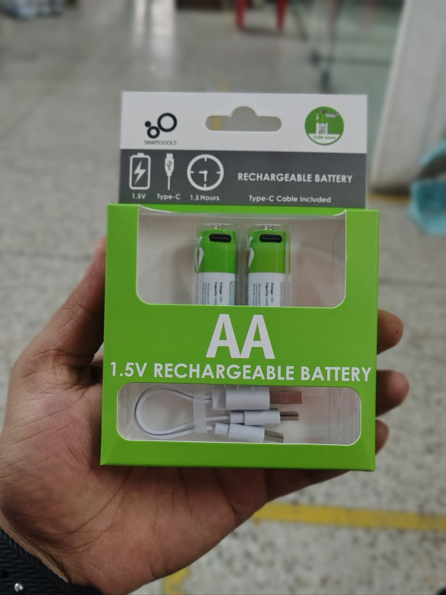 Picture of ⚡ SmartTools AA 1.5V Rechargeable Battery (Type-C Charging) – 2 Pieces + Cable Included (Green)