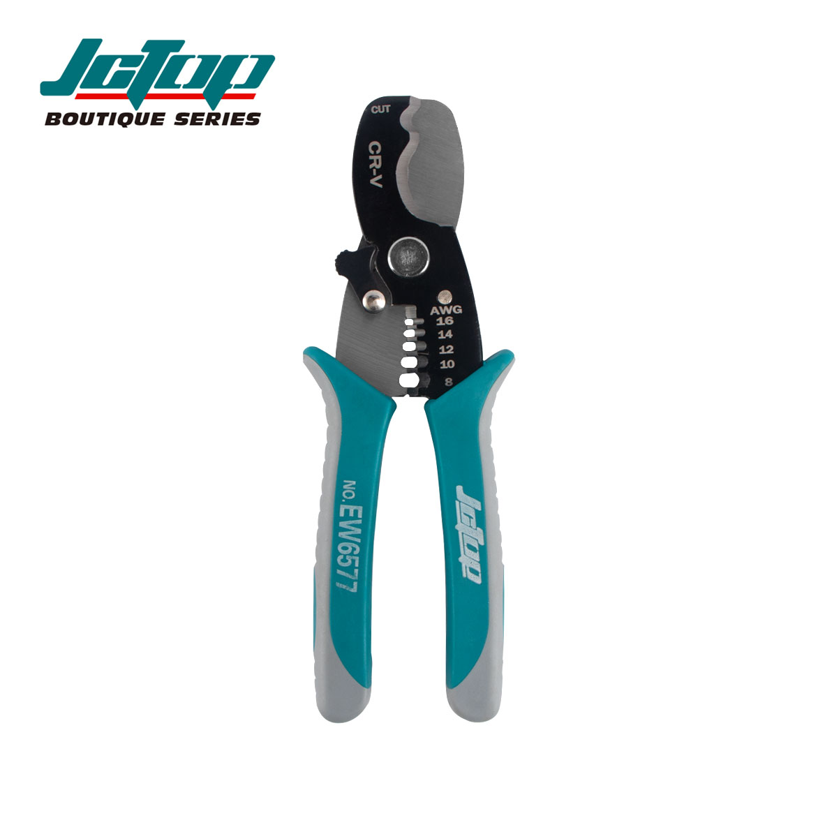 Picture of JCTOP AWG 8-16mm Electrician's Universal Cable Stripping Pliers Soft Grip Plastic Wire Cutting Crimping Multi-Function-EW6577 (Light blue)