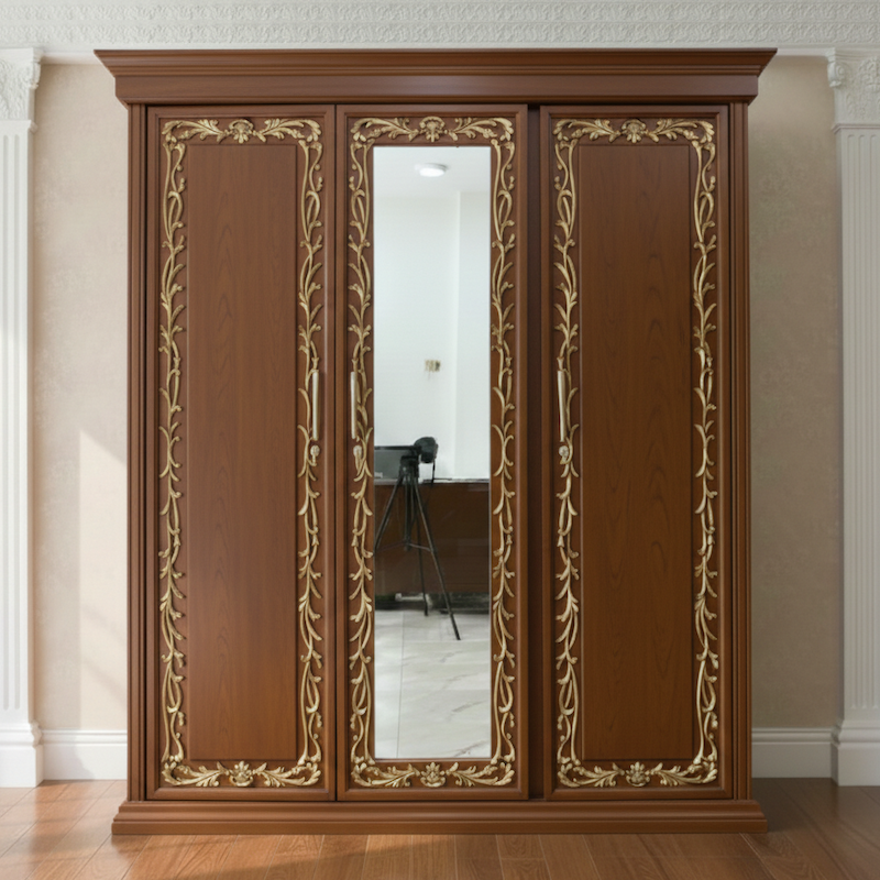 Picture of Alina Gold Deco Paint Lacquer Polish 3 Door Almirah with Full View Mirror, Rich Home Wardrobe for Bedroom, Multiple Shelves to Organise your Clothes, Hanging Rod, Lockable Door & Drawer Almirah 72/48