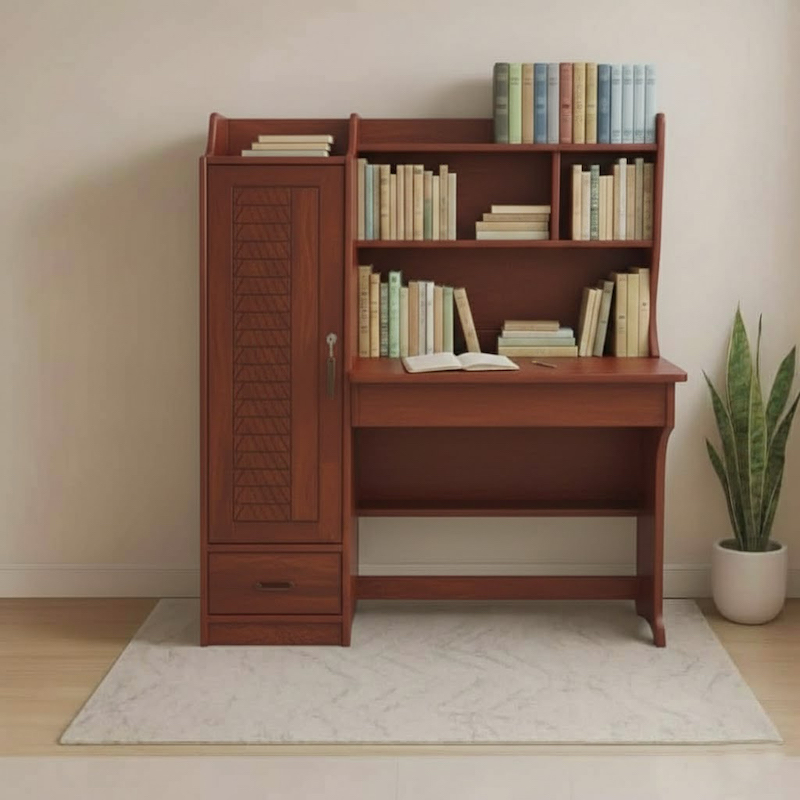 Picture of Reading Table, Lacquer Polish Deco Paint Rambo Design Rich Study Table, Writing Desk with 3 shelve 1 Door Cabinet & security lock Drawers, Modern Home Office Work Station Desk StudyTable 48/45