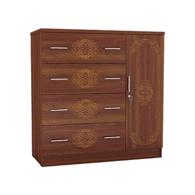 Picture of Furnisha Florina CNC Design Cupboard Wardrobe, Chest of 4 Drawers with 1 Clothes Hanging Space Storage Wardrobe, Storage Organizer Unit for Bedroom, Hallway, Entryway, Easy Pull Drawers, 48/48'