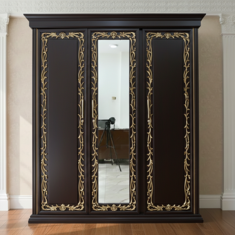 Picture of Alina Gold Deco Paint Lacquer Polish 3 Door Almirah with Full View Mirror, Rich Home Wardrobe for Bedroom, Multiple Shelves to Organise your Clothes, Hanging Rod, Lockable Door & Drawer Almirah 72/48