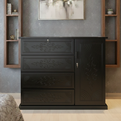 Picture of JIAOUN Deco Paint Lacquer Polish Wardrobe, 4 Drawer with 1 Door Cabinet Storage Wardrobe, Closet with Clothes Hanging Rail Bedroom Furniture 48/54