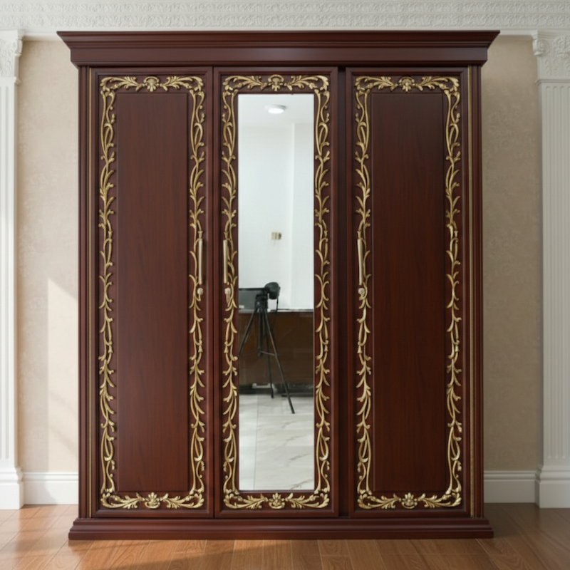 Picture of Alina Gold Deco Paint Lacquer Polish 3 Door Almirah with Full View Mirror, Rich Home Wardrobe for Bedroom, Multiple Shelves to Organise your Clothes, Hanging Rod, Lockable Door & Drawer Almirah 72/48