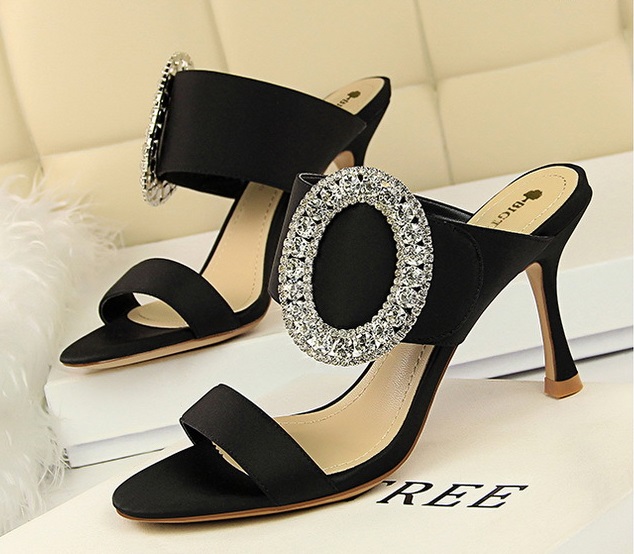 Picture of Fashion high heeled big silk belt women sandals black - Black