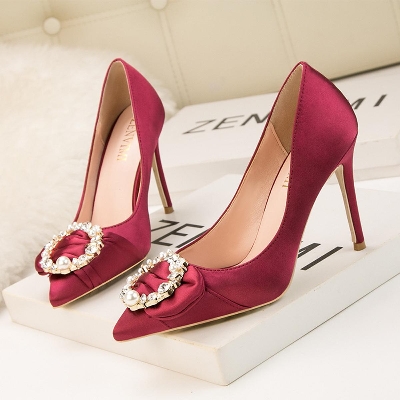 Picture of Korean version of women's sandals stiletto high-heeled thin shallow pointed toe shiny rhinestone buckle women's sandals - Rose Red