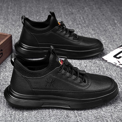 Picture of Men's shoes autumn shoes new PU casual sneakers mid-top lace-up trend plus velvet cotton - Black