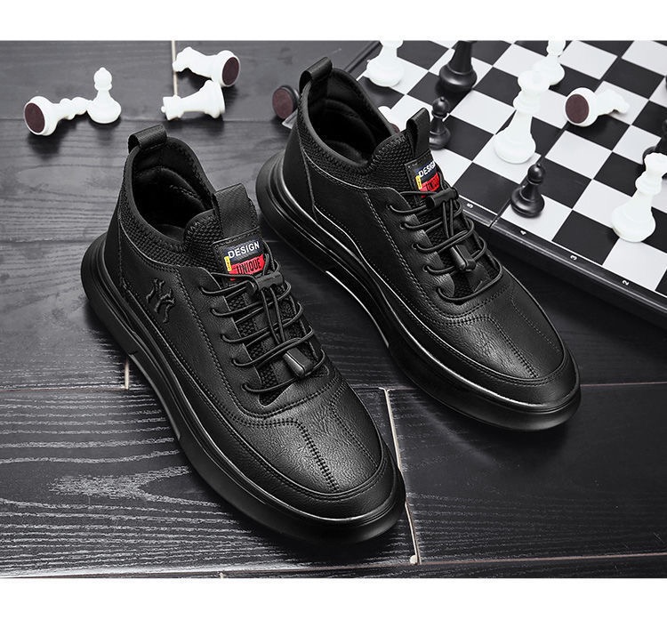 Picture of Men's shoes autumn shoes new PU casual sneakers mid-top lace-up trend plus velvet cotton - Black