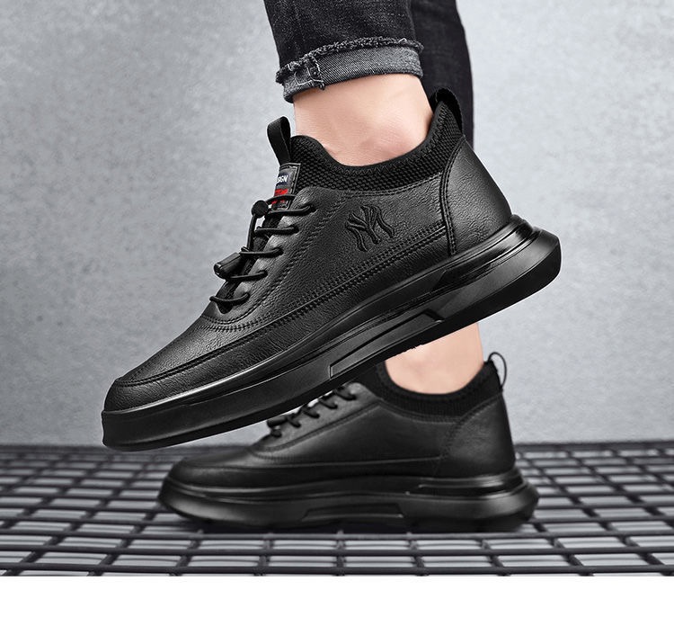 Picture of Men's shoes autumn shoes new PU casual sneakers mid-top lace-up trend plus velvet cotton - Black
