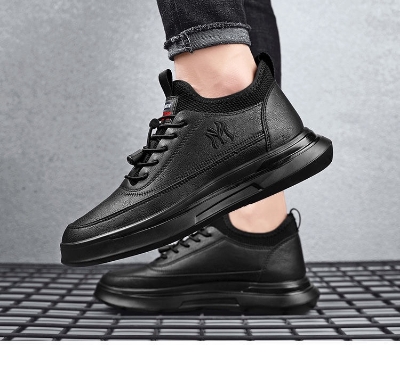 Picture of Men's shoes autumn shoes new PU casual sneakers mid-top lace-up trend plus velvet cotton - Black