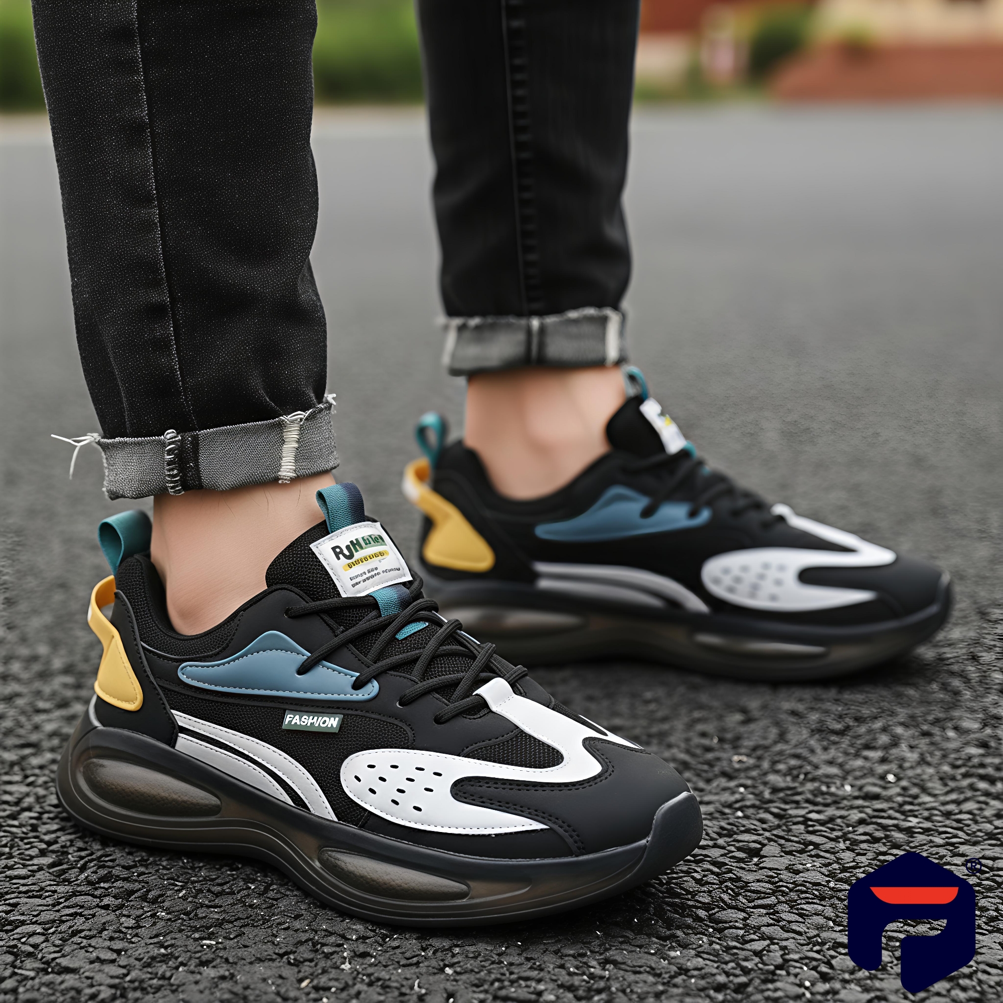 Picture of New Men Casual Sports Sneakers Low Cut Breathable Mesh PU Leather Fashion Shoes - Black