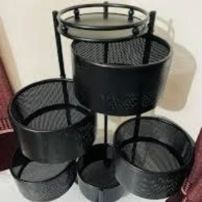 Picture of 5-Tier 360° Rotating Kitchen Rack with Wheels | Round Metal Vegetable Fruit Basket Trolley | Heavy Duty Multi-purpose Storage Shelf