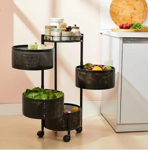 Picture of 5-Tier 360° Rotating Kitchen Rack with Wheels | Round Metal Vegetable Fruit Basket Trolley | Heavy Duty Multi-purpose Storage Shelf