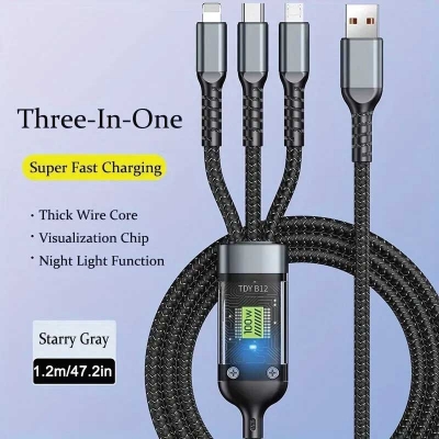 Picture of TDY B12 100W 3-in-1 Fast Charger Cable – Type-C, Micro USB & Lightning