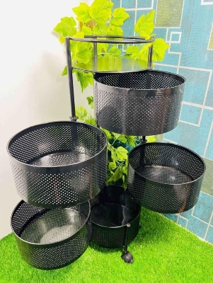 Picture of 5-Layer 360° Rotating Kitchen Rack with Wheels | Metal Vegetable Fruit Organizer Trolley | Multi-functional Corner Storage Shelf