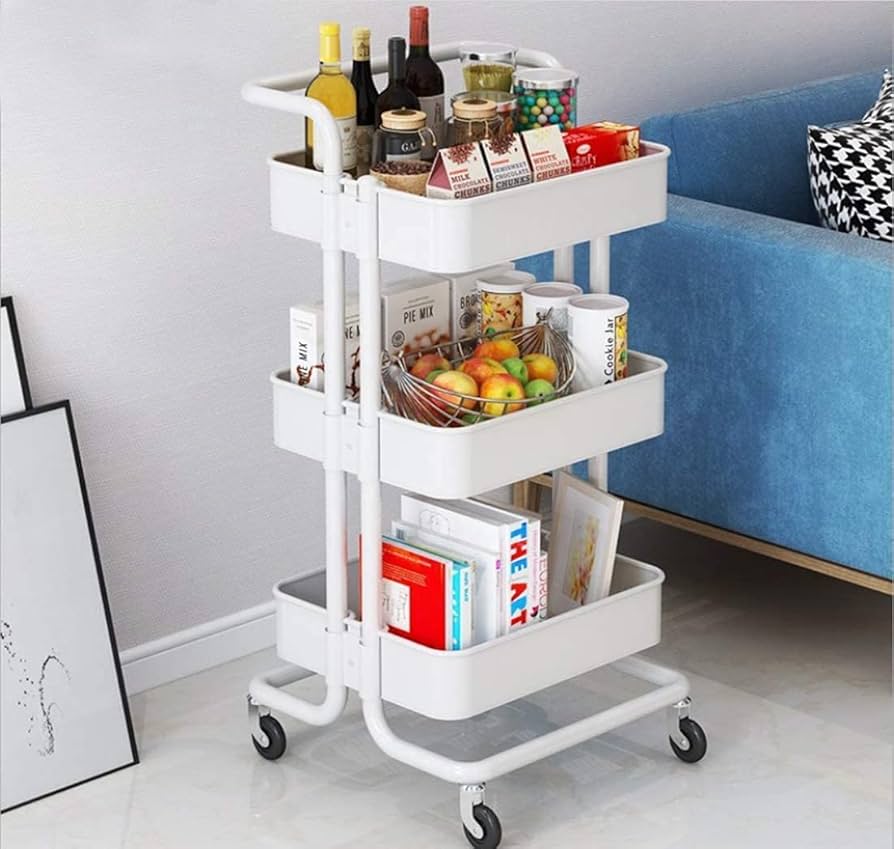 Picture of 3 Tier Metal Rolling Storage Trolley Cart with Wheels & Handle | Metal Kitchen Organizer Rack