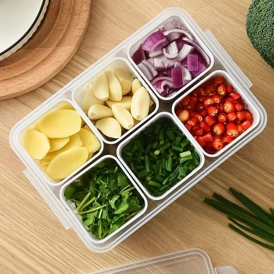 Picture of 6-Grid Kitchen Vegetable Storage Box | Chopping Prep Organizer Container | Airtight Food Keeper