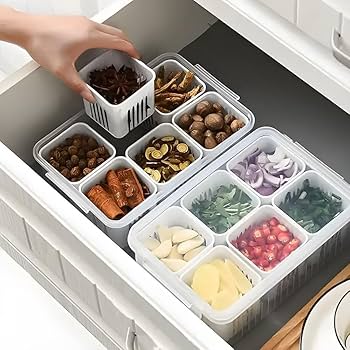 Picture of 6-Grid Kitchen Vegetable Storage Box | Chopping Prep Organizer Container | Airtight Food Keeper