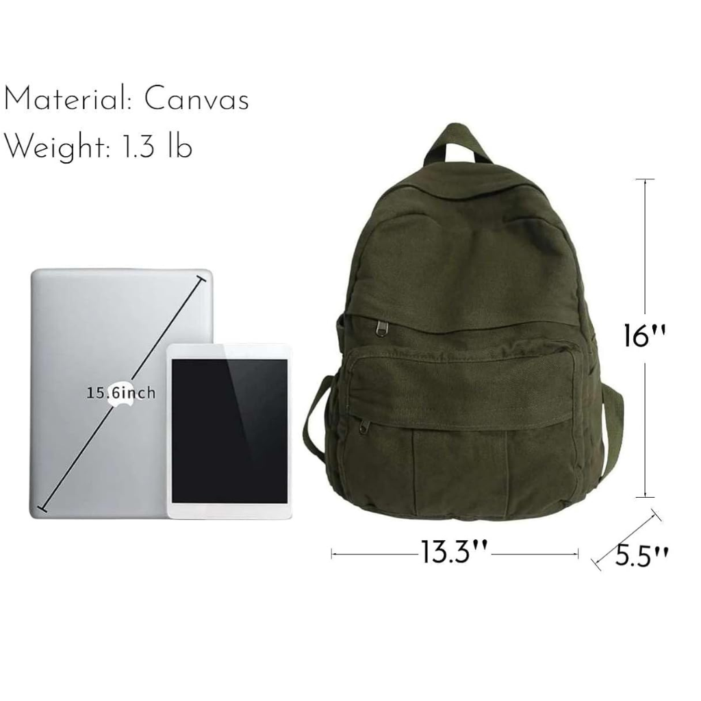 Picture of Military Green Canvas Backpack for Women and Men Retro Aesthetic Rucksack Basic Backpack for High School/College Students Travel Laptop Bag (Green)