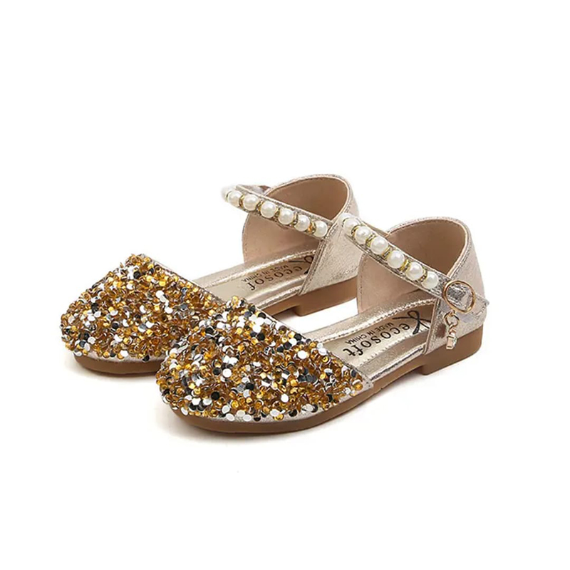 Picture of Lovely Princess Wedding shoes girls summer fashion element mary jane sandals pearl Sequins flat Rubber insole