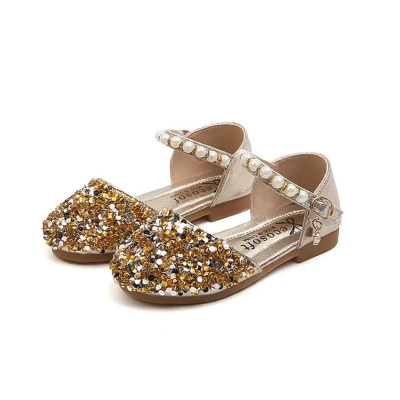 Picture of Lovely Princess Wedding shoes girls summer fashion element mary jane sandals pearl Sequins flat Rubber insole