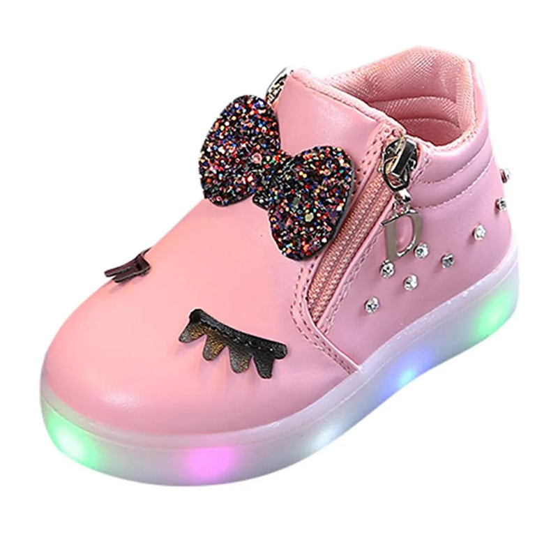 Picture of Kids Baby Infant Girls Crystal Bowknot LED Luminous Boots Sport Shoes Sneakers