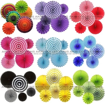 Picture of Party Wall Decoration Set (6 Assorted Round Paper Fans) – Birthday Party, Baby Party, Wedding Event Decoration – Home Decoration Item - Multicolor