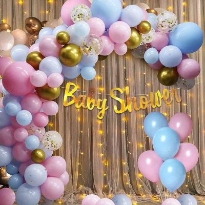 Picture of Baby Shower Balloons Decoration Kit | Baby Shower Props For Decorations | Naming Ceremony Decoration Kit | Mom To Be Decoration | With White Net Curtain - Multicolor