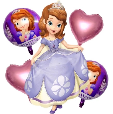 Picture of 5 Pcs Sofia Princess Character Foil Balloon - 5 Pcs of Foil Balloon - 1 Sofia Princess character, 2 Pink Heart shape - Multicolor