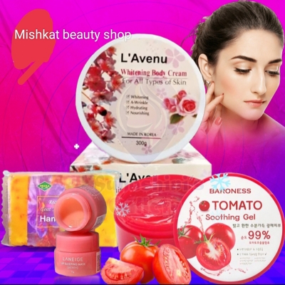 Picture of L avenue Combo (Tomato soothing Gel+Body Cream+Saffron Soap+Laneage Lip Balm). 4 pcs