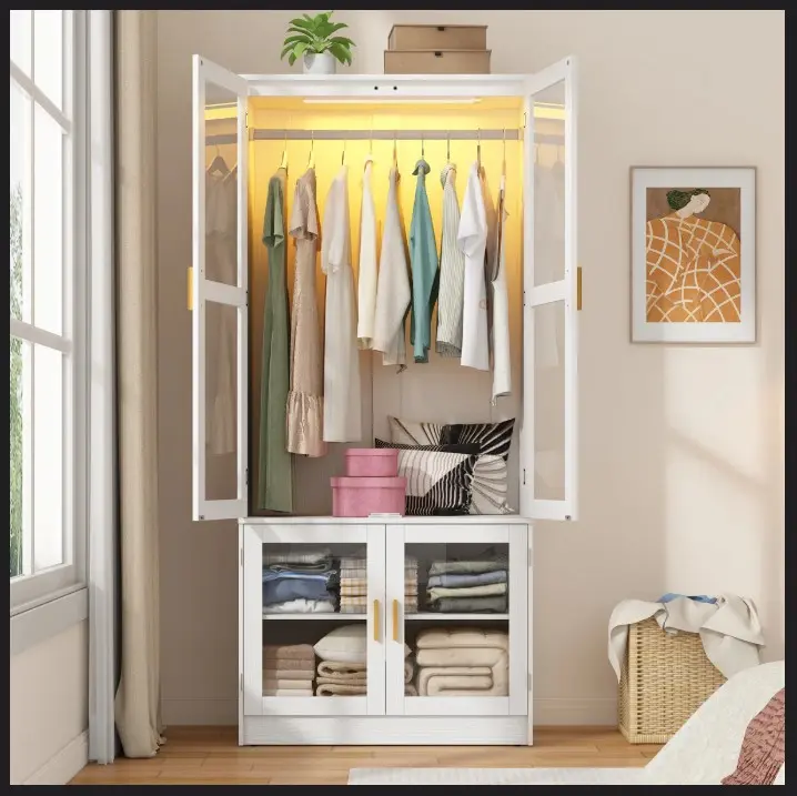 Picture of 2 in 1 wardrobe White Modern Armoire , 2 Door Fluted Glass Hanging Road with 3 Drawer Storage Wardrobe Almari, 2 Part Glass Almirah Hanging Road with Srorage Drawer Almari