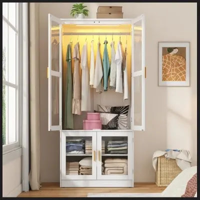 Picture of 2 in 1 wardrobe White Modern Armoire , 2 Door Fluted Glass Hanging Road with 3 Drawer Storage Wardrobe Almari, 2 Part Glass Almirah Hanging Road with Srorage Drawer Almari