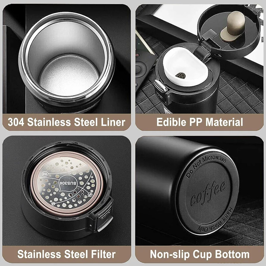 Picture of Vacuum Insulated Stainless Steel Tea Coffee Mug Thermos Flask Travel Mug Tumbler with Flip Lid Mesh Strainer Hot and Cold for Office Backpacking