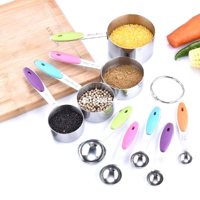 Picture of Stainless Steel Measuring Cups and Spoons Set of 09 Piece, Premium Nesting Metal Measuring Cups Set with Silicone Handles for Dry and Liquid Ingredients, Cooking & Baking