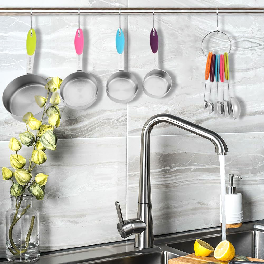 Picture of Stainless Steel Measuring Cups and Spoons Set of 09 Piece, Premium Nesting Metal Measuring Cups Set with Silicone Handles for Dry and Liquid Ingredients, Cooking & Baking