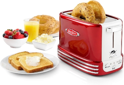 Picture of Nostalgia New and Improved Wide 2-Slice Toaster Perfect for Bread, English Muffins, Bagels, 5 Browning Levels, with Crumb Tray & Cord Storage, Retro Red